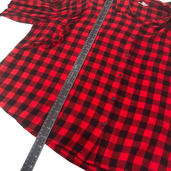 Cato Red & Black Plaid Button-Up Shirt With Ruffle Sleeves Womens Size 26/28W - Picture 6 of 12